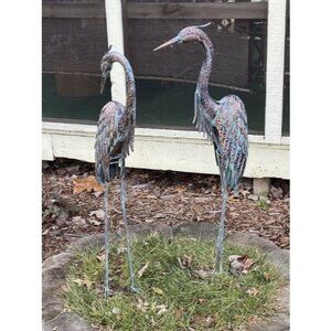Garden Crane Statues, Standing Metal Patina Heron Decoy Outdoor Statue